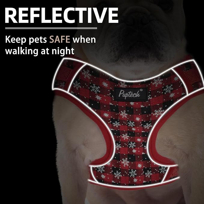 PUPTECK Christmas Small Dog Harness and Leash Set, No Pull Adjustable Puppy Cat Harness, Reflective Soft Mesh Pet Vest Small Sized, Checkered, M