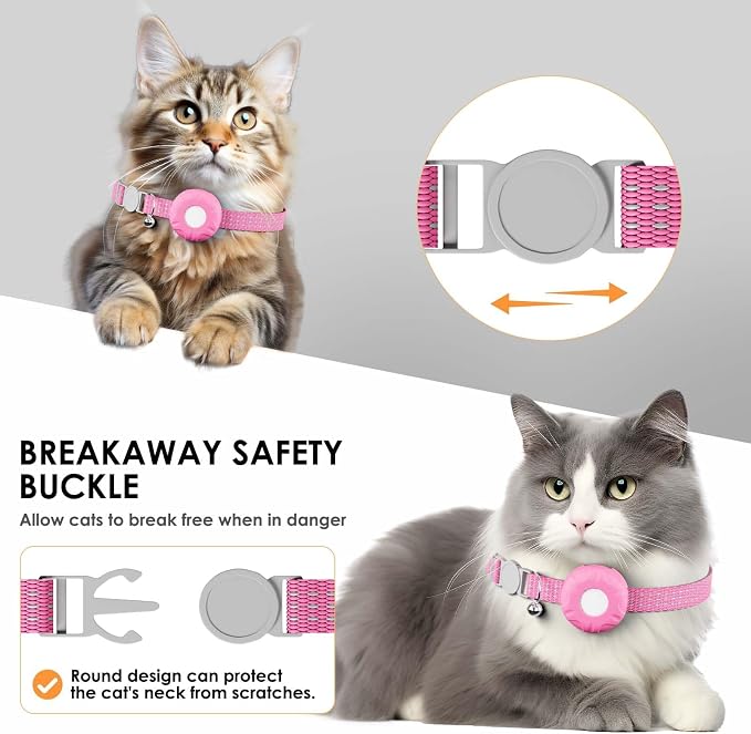 Cat Tracker, GPS Tracker Compatible with Apple Find My App(Only iOS), Waterproof Cat Trackers Collar with Bell and Safety Elastic Buckle, No Monthly Subscription Fee Pet Tracker, Pink