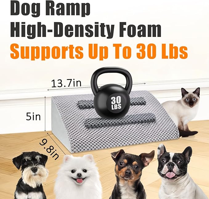 Dog Ramp for Stairs with Anti-Slip Bump for Small & Senior Dogs and Cats – Stair Wedges for Dogs with Gentle Slope, Pet Ramp with Washable Cover & Self-Sticky Pads for Safe Climbing (Gray, 6 Pack)