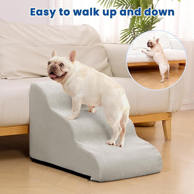 Airpanda Dog Stairs for Small Dogs and Cats – 3 Step Pet Ramp for Couch & Sofa, Non-Slip Dog Steps for Pets, Washable Cover, High-Density Support Foam for Easy Climbing,Light Grey