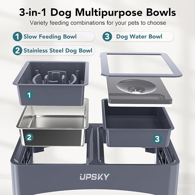 UPSKY 3-in-1 Elevated Dog Bowls Slow Feeder, Adjustable Stand, Stainless Steel Food & No Spill Pet Water Bowl for Small Medium Dogs, Blue