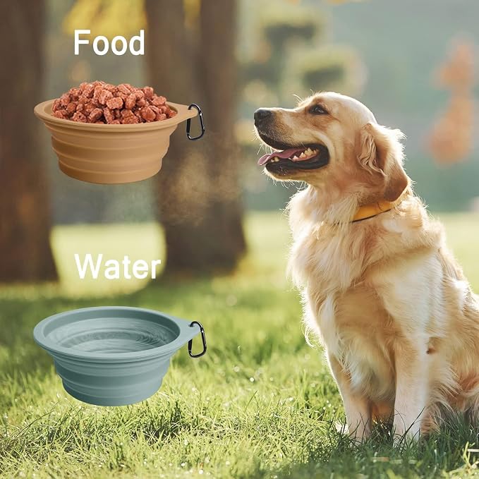 PetBonus Large Collapsible Dog Bowls, 2 Pack, 34oz, Turquoise, Tan
