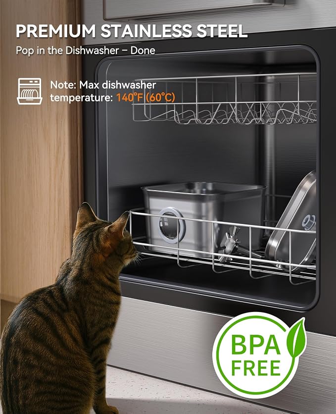 Stainless Steel Cat Water Fountain, 2.8L with 20dB Ultra-Quiet Pump- Ideal for Timid Pets, LED Water Level Window, Dishwasher Safe, 24/7 Circulation- Includes 3 Replacement Filters