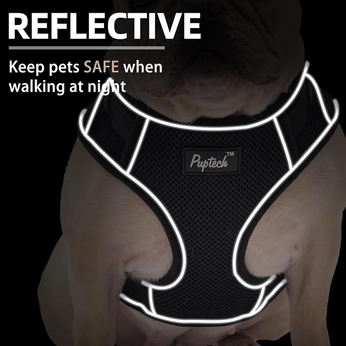 PUPTECK Small Dog Harness and Leash Set, No Pull Adjustable Puppy Cat Harness, Reflective Soft Mesh Pet Vest Small Sized, Black, L
