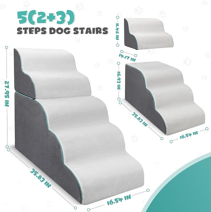 Dog Stairs for High Bed, 27.9 Inch Height 5-Step,Foldable Pet Stairs for Small Dogs and Older Pets,Curved 2 in 1 with Zippers Non-Slip Balanced Pet Ramp,Grey