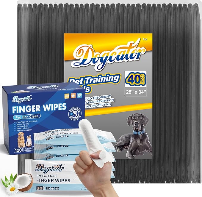 Dogcator Charcoal Puppy Pads with Dog Ear Wipes for Odor Control, 120 Pack Ear Wipes for Dogs, 40 Count Charcoal Pee Pads, Disposable Pet Care Supplies, Effectivly Remove Bad Smells