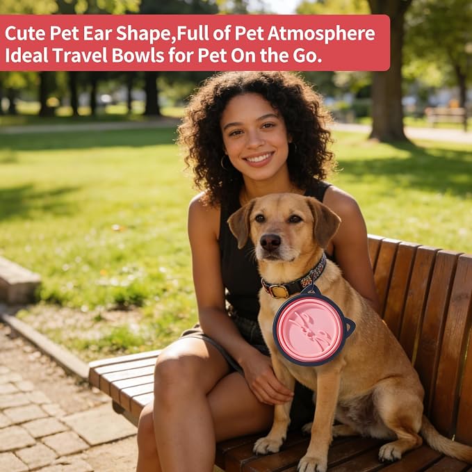 2-Pack Silicone Collapsible Dog Bowl, Ear Shape, 25oz, Pink and Grey