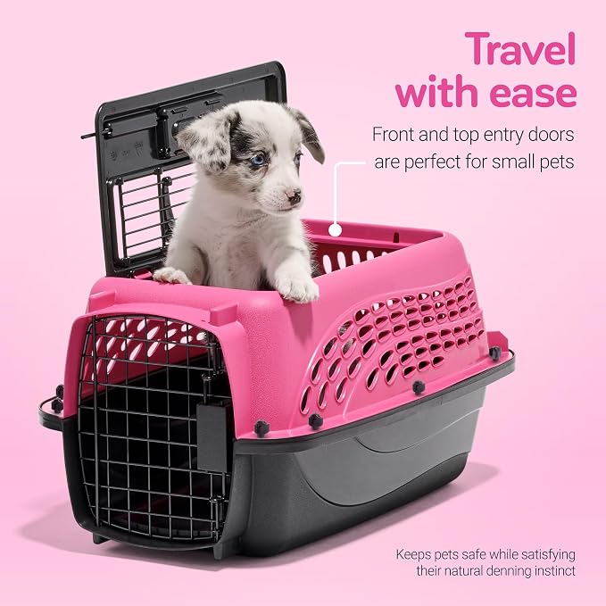 Petmate Two Door Plastic Pet Kennel, XS 19in, Pink, up to 10lbs | Top and Front Loading Dog Crate and Cat Carrier for Small Dogs, Doubles as Travel Kennel