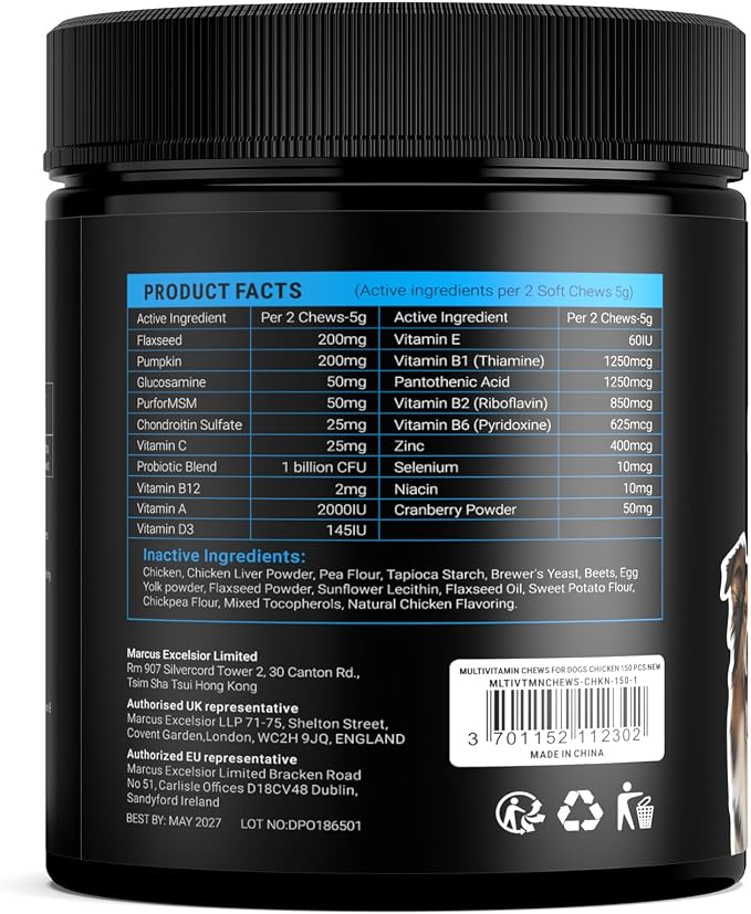 Dog Vitamins and Supplements - 150 Dog Multivitamin Chewable - Immune, Joint Support, Skin, Gut Health + Packed with Omega 3s, Glucosamine & Probiotics - Safe for Puppy - Chicken