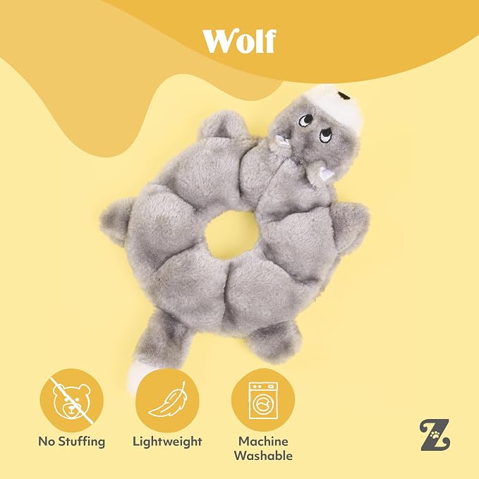 ZippyPaws Loopy No Stuffing Dog Toys to Keep Them Busy - 10" | For Small, Medium, & Large Dogs, Squeaky Pet Toy for Boredom, Unstuffed Chew Toy, Soft Plush Puppy Products, Wolf