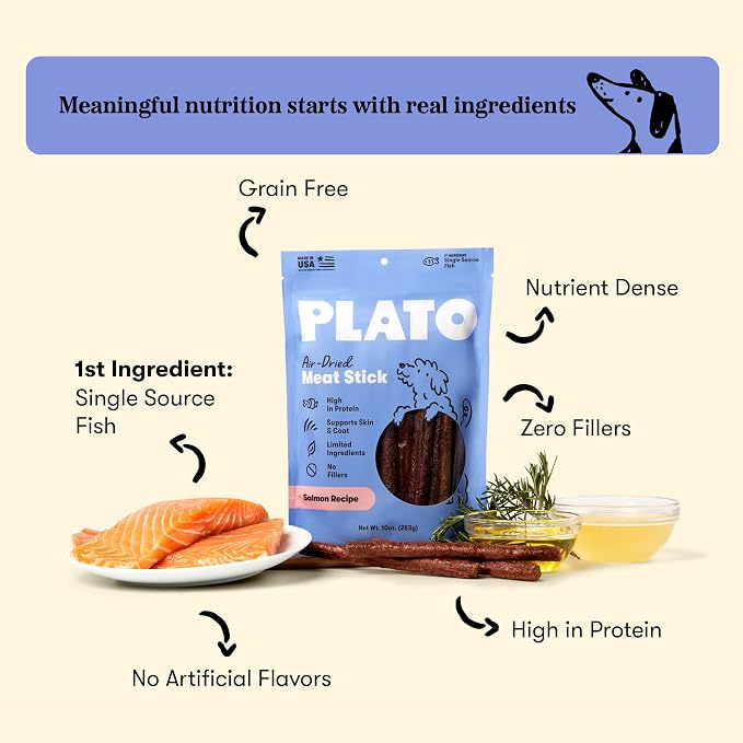 Plato Meat Sticks Lamb Dog Treats, Air-Dried High-Protein Soft Chews, Grass-Fed New Zealand Lamb with Omega Fish Oil, 10 oz