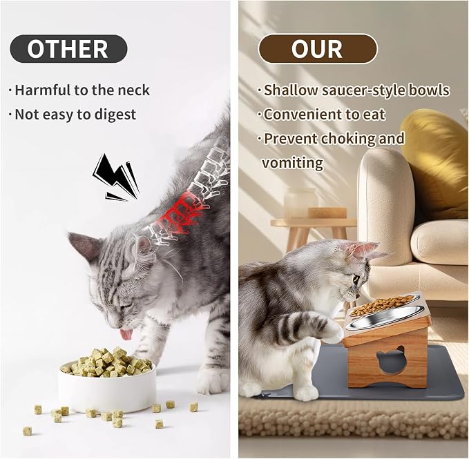 Elevated Cat Bowls with Silicone Mat, 15° Tilted Solid Wood Stand, Raised Stainless Steel Food & Water Dishes for Cats and Small Dogs, Anti-Vomiting Design(Teak)