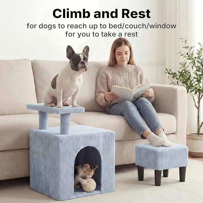 Veehoo 3 in 1 Dog Cat Stairs for Bed Couch, Small Steps Non Slip for Older Dogs Cats to Get on Bed Portable with Cave Condo and Cushioned Foot Stool, Pet Steps Cat Ramps Indoor for Senior Cats Dogs