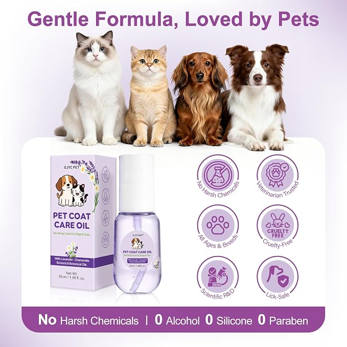 Pet Coat Care Oil, Lavender & Chamomile Extract | Smoothing Detangler with Easy Glide Grooming; Stress-Free Elixir for Sensitive Pets, Anti-Frizz Botanicals, Lick-Safe, Dogs Cats, 1.69 fl. oz