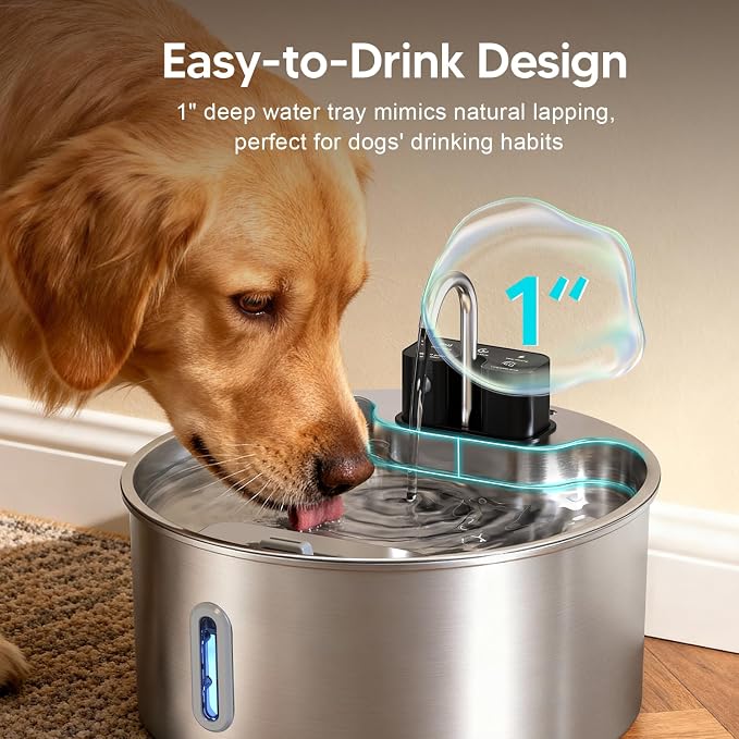 Voluas Dog Water Fountain: 1.8Gal/7L Wireless Stainless Steel Dog Fountain Bowl for Small to Large Dogs, Battery Operated Pet Water Dispenser Indoor with Ultra-Quiet Pump, Easy Clean, 1 Filter