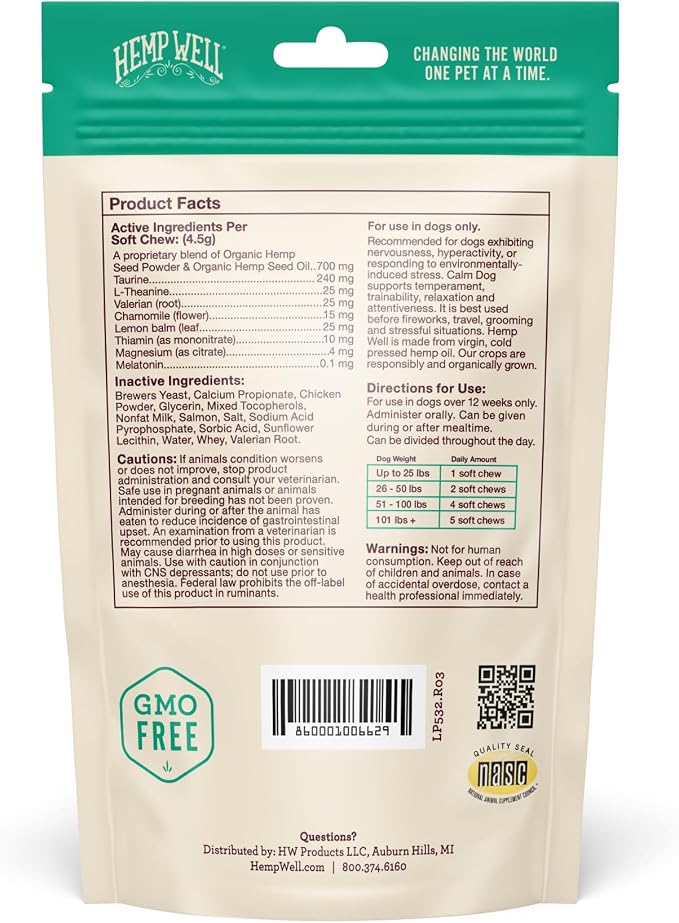 Hemp Well Calm Soft Chews for Dogs, Organic Stress Relief for Pets, 30ct