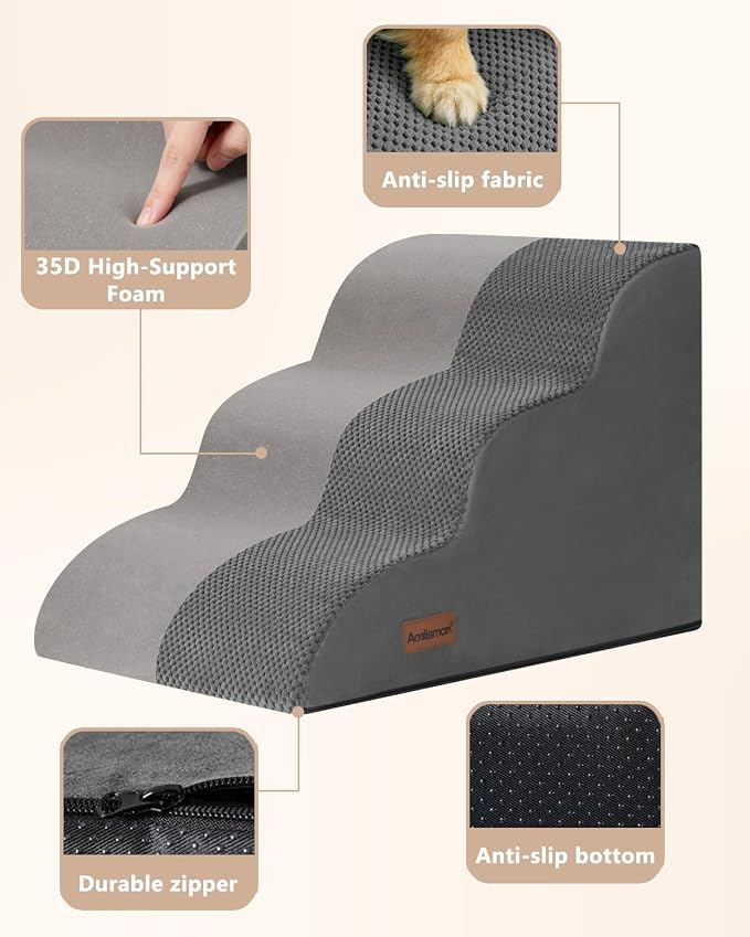 Aodisman Dog Stairs for Small Dogs,3 Step Dog Ramp for Couch and Bed,Pet Stairs with Non-Slip Bottom for Old Cats,Indoor Pet Steps,Comfort,Durable,15.4" H,Grey