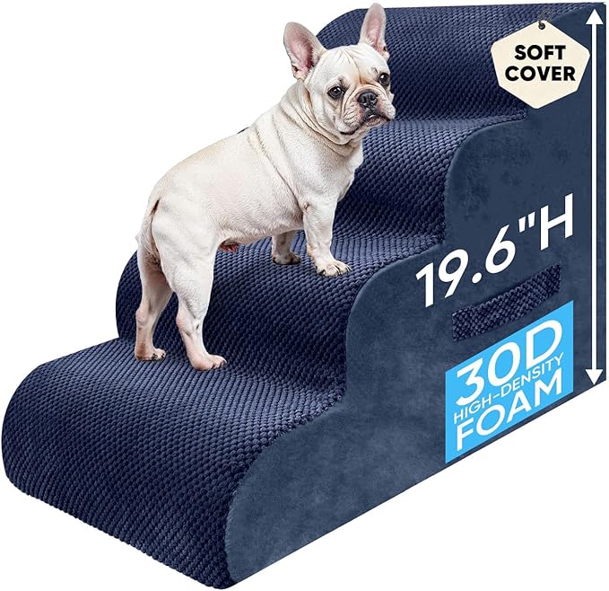 PAWSCRAT Pet Stairs for Dogs 4-Step, 19.6" H Pet Stairs for High Bed, Couch Sofa & Chair, 30D Material Soft Foam Dog Steps with Non-Slip Bottom Surface Removable Washable Cover, Blue