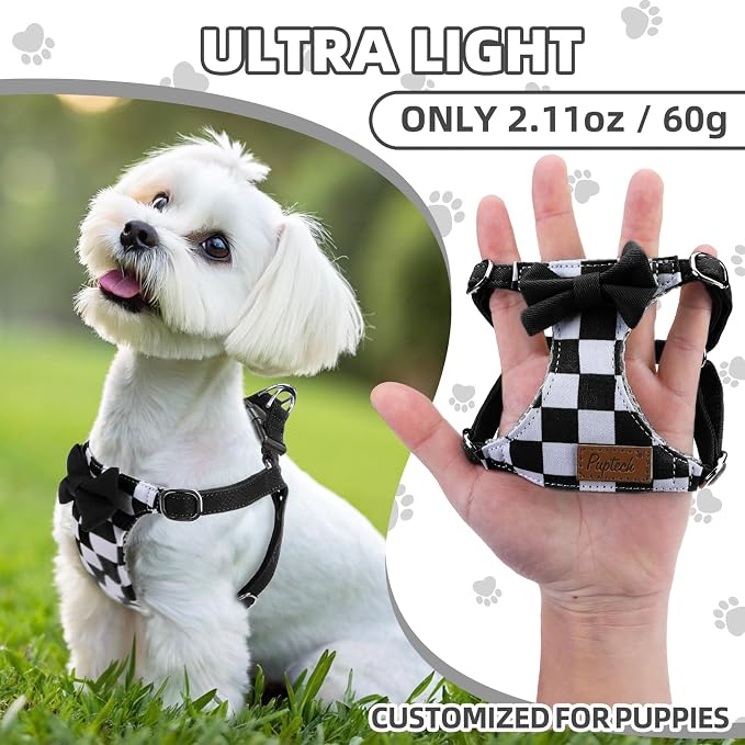 PUPTECK Dog Harness and Leash Set Small Sized, Lightweight Step-in Puppy Harness, Escape Proof No Pull Cute Pet Vest Harnesses, Black&White Checkered S