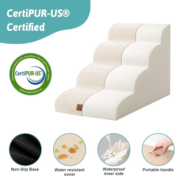 COZY KISS Dog Stairs for Small Dogs 19.7" H, Curved Dog Step for Puppy, Older or Cat, Medium Pet Ramp for Sofa, Couch or Bed, Ladder with High Density Foam, 4 Step, 15.7x28.3x19.7 inch, Beige
