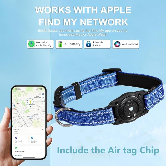 Tracking Collar for Dogs Waterproof Adjustable Air Tag Dog Collar Holder, Comfortable Dog Collars for Small Medium Large Dogs (Blue, S)