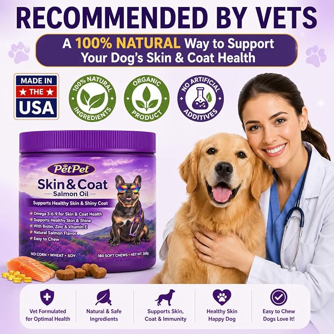 Skin & Coat Salmon Oil Soft Chews for Dogs - Omega 3, Biotin, Zinc & Vitamin E - Supports Healthy Skin, Shiny Coat, Itch Relief & Allergy Support - Natural Salmon Flavor 180+Chews