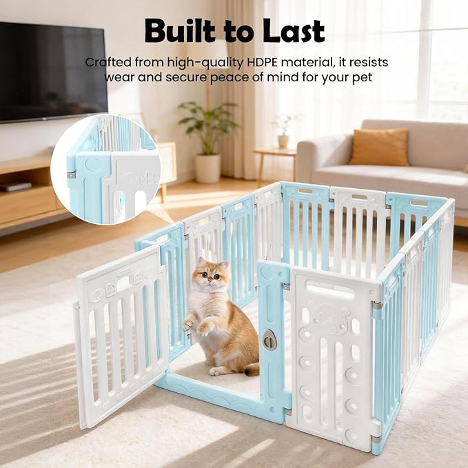 Dog Playpen, Large Pet Playpen with Cute Patterns & 1 Door & 11 Freely Combinable Panels Dog Fence Large Crate for Pets Pet Safety Fence Pet Essentials for Small/Medium Dogs (Blue & White)