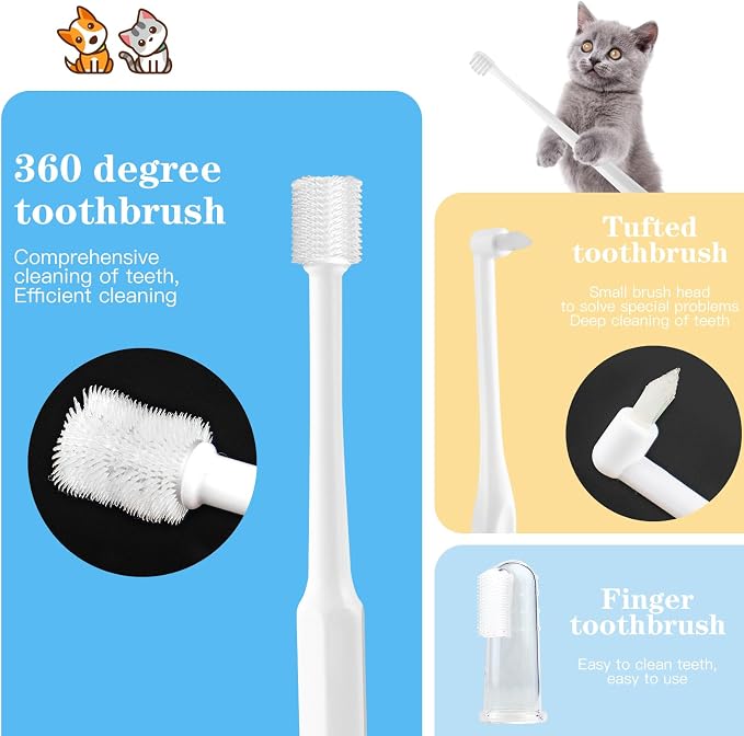 Small Dog & Cat Toothbrush Kit, Soft Bristles Pet Dental Cleaning Brush Set, White