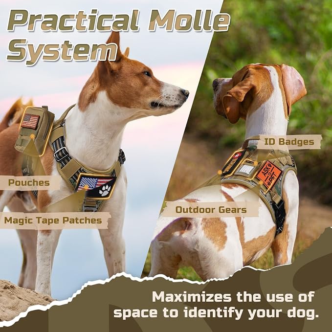 rabbitgoo Tactical Dog Harness for Medium, No Pull Military Service Vest | Molle & Handle, Heavy Duty, Adjustable, Reflective Straps, Easy Control for Training Walking, Brown camo, Medium