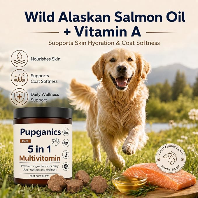 Pupganics Multivitamin Daily Soft Chews for Dogs, Itch Relief Chews, Beef | Twelve active ingredients with Salmon oil, Probiotics, Glucosamine & Essential Vitamins for everyday dog wellness.60 Count