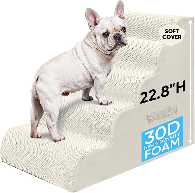PAWSCRAT Pet Stairs for Dogs 5-Step, 22.8" H Pet Stairs for High Bed, Couch Sofa & Chair, 30D Material Soft Foam Dog Steps with Non-Slip Bottom Surface Removable Washable Cover, Beige
