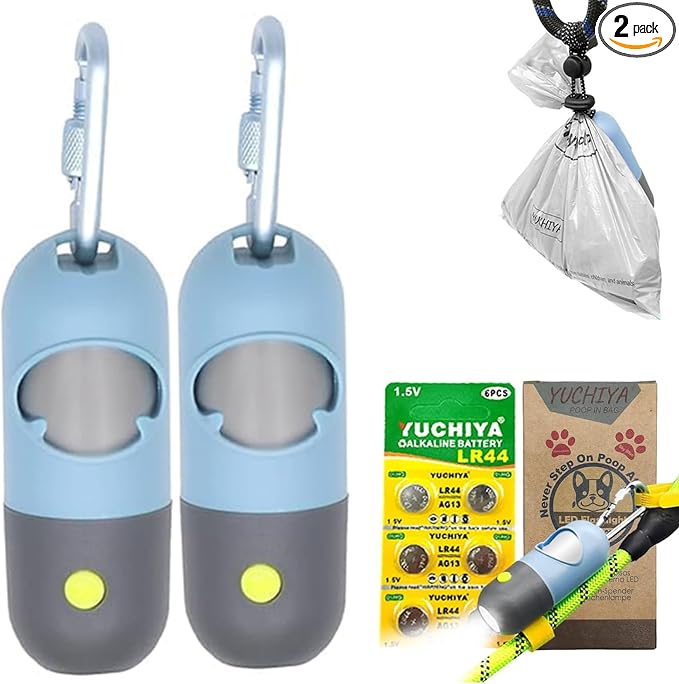 Dog Poop Bags Holder with LED Flashlight|Pet Waste Bags Dispenser for Leash|Doggie Potty Bags Container with Leak-proof Pet Trash Bags and Accessories (2 Holders 30 Bags, Sky Blue)
