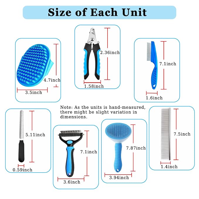 7PCS Dog Grooming Brush Kit for Shedding and Matted Fur, Self-Cleaning Slicker Brush with Undercoat Rake, Flea Comb for Long-Haired Pets, Blue