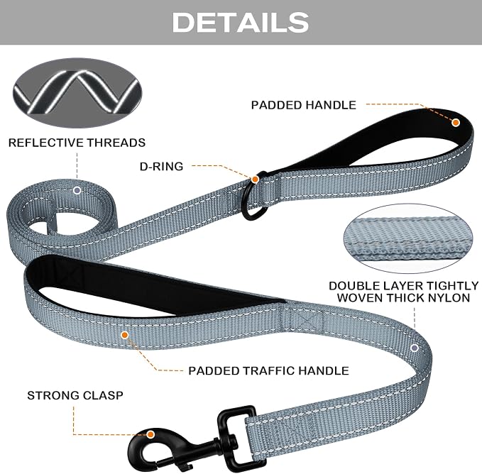 Joytale Dog Leash for Large Dogs that Pull, Double Handle, 4FT, Gray | Traffic Handle for Control, Padded Handle Reduces Hand Strain, Reflective Stitching for Night Safety, Strong Nylon Webbing