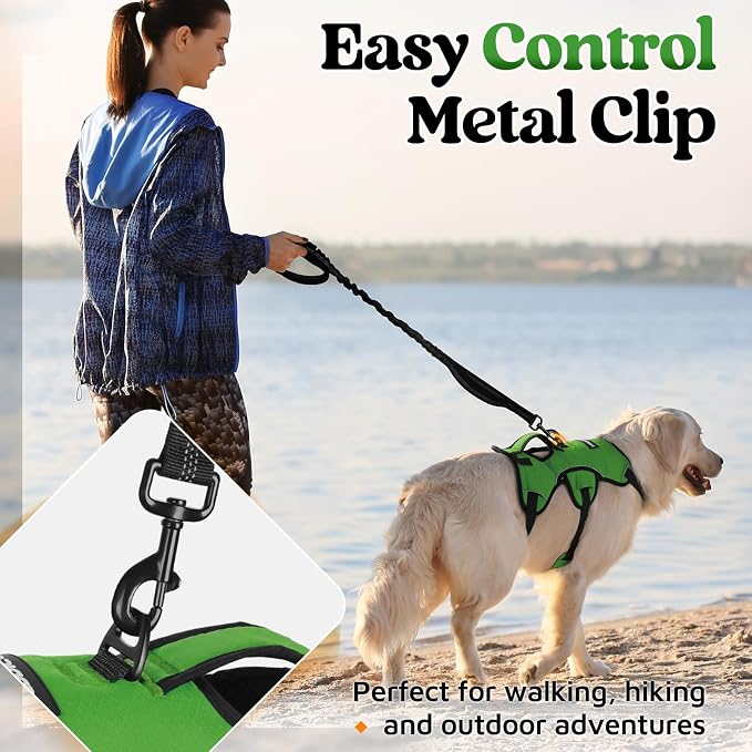 rabbitgoo Escape Proof Dog Harness for Large, No Pull with Lift Handle | No Escape, Full Soft Padded, Reflective Adjustable Vest, Leash Clip for Walking Hiking Training, Green, Large