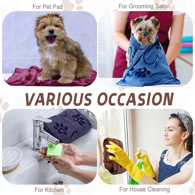 Fanfanwin 4 Pcs Dog Bath Towels Microfiber Drying Dog Towel Absorbent Pet Heart Paw Towels for Medium Dogs Puppy Cats Pets Shower(Gray, Brown, Blue, Wind Red)