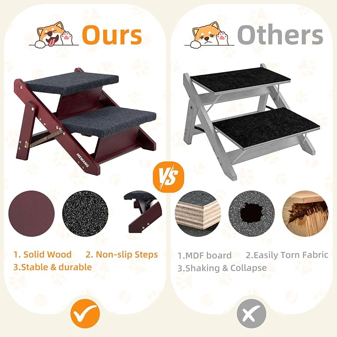 MEWANG Wooden Pet Stairs/Pet Steps - 2-in-1 Foldable Stairs & Ramp for Beds and Cars - Portable Dog/Cat Ladder Up to 220 Pounds - Great for Small and Older Animals(Brown) (17.3" L x 17.24" W x 13" H)
