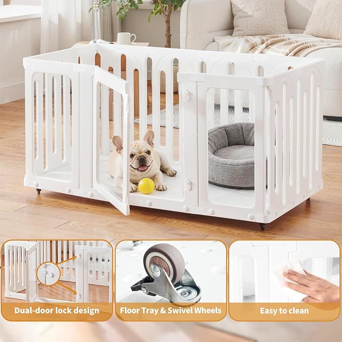 Mobile Acrylic Dog Playpen Indoor with Bottom Panels & Wheels, Puppy Play Pen with DIY Easy Assemble, Moveable Pet Fence for Puppies (24''Tall, 8 Panels + 4 Bottom Panels + 8 Wheels)