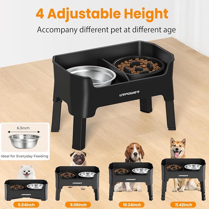 URPOWER 3-in-1 Elevated Dog Bowls - Mess Proof Double Deck 4 Height Adjustable Raised Stand with 2 Stainless Steel Food Bowls & Licking Plate for Small, Medium Dogs