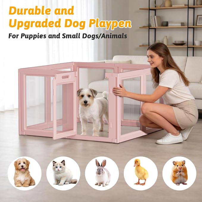 DIY Clear Acrylic Dog Playpen House,Quick Easy Assembly and Disassembly,Strong Floor Suction,Indoor and Outdoor Use,Easy Cleansing Puppy Fence (Skin Pink, 30.3" H, 8PCS)