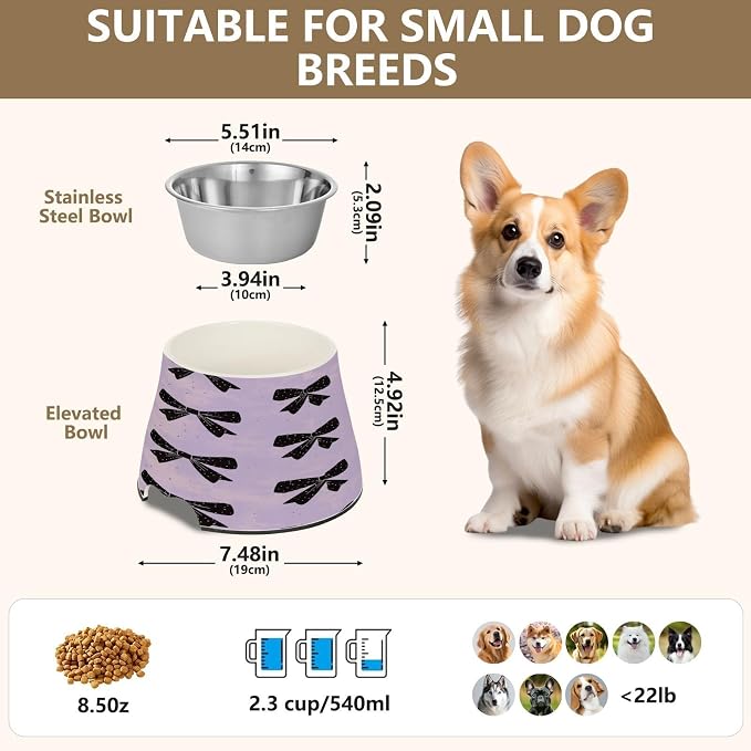 Blueangle Elevated Dog Bowls with Stainless Steel - Non-Slip 2.3 Cup High Capacity Pet Dish for Spinal Health & Black Bows Design（290）