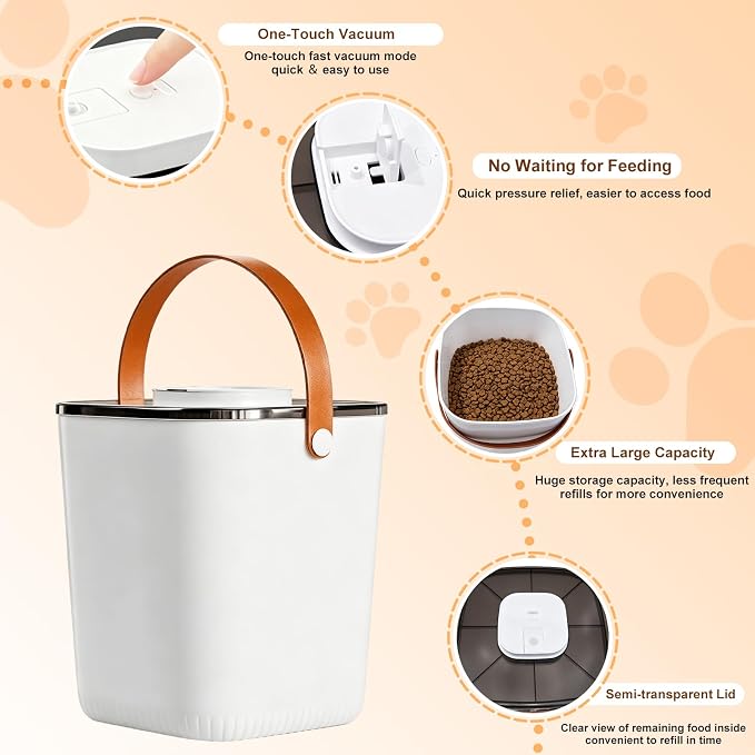 13L Smart Vacuum Pet Food Storage Container, Airtight with One-Touch Sealing, 5.5-7.5kg Large Capacity, White, with Handle and Scoop