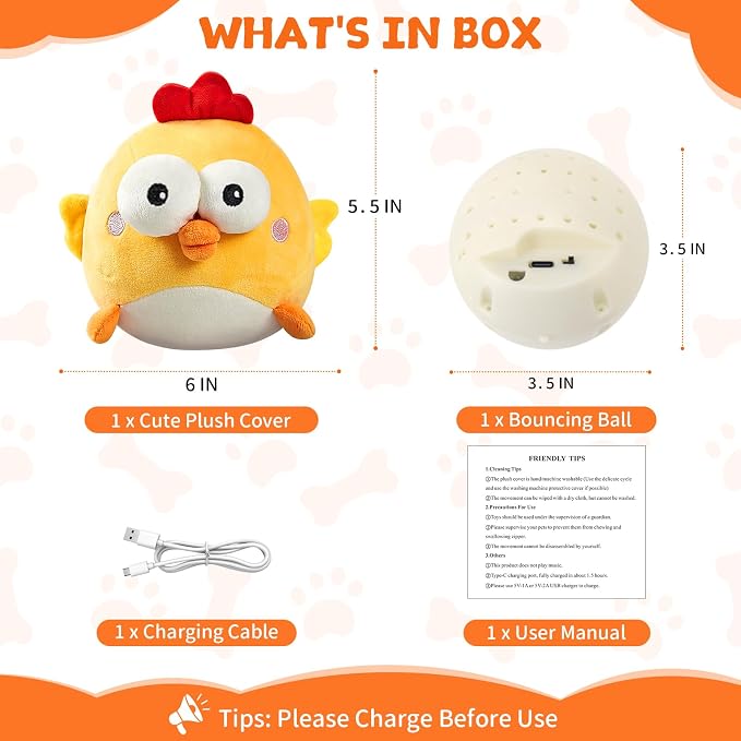 Interactive Dog Toy Ball, Upgrade Automatic 1.5H Jumping Ball with Motion Activation for Small Large Dogs, 2 in 1 Rechargeable Move Plush Toy Pets Keep Busy, No Music (Yellow Chicken)