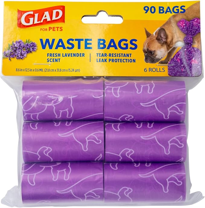 Glad for Pets Scented Dog Waste Bags, Tear-Resistant Pet Poop Pick-up Bags with Leak Protection, Fresh Lavender Scent, Fun Purple Bag Designs, 6 Rolls, 90 Bags Total