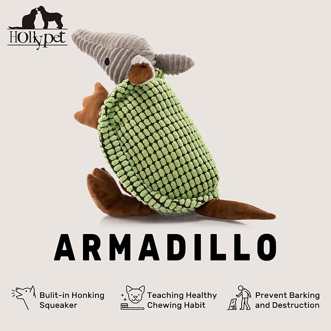 Hollypet Armadillo Squeaky Dog Toys for Medium Large Dogs, 14" | plush stuffed large dog squeak animal toy with unique grunt squeaker textured fabric for teeth cleaning toys