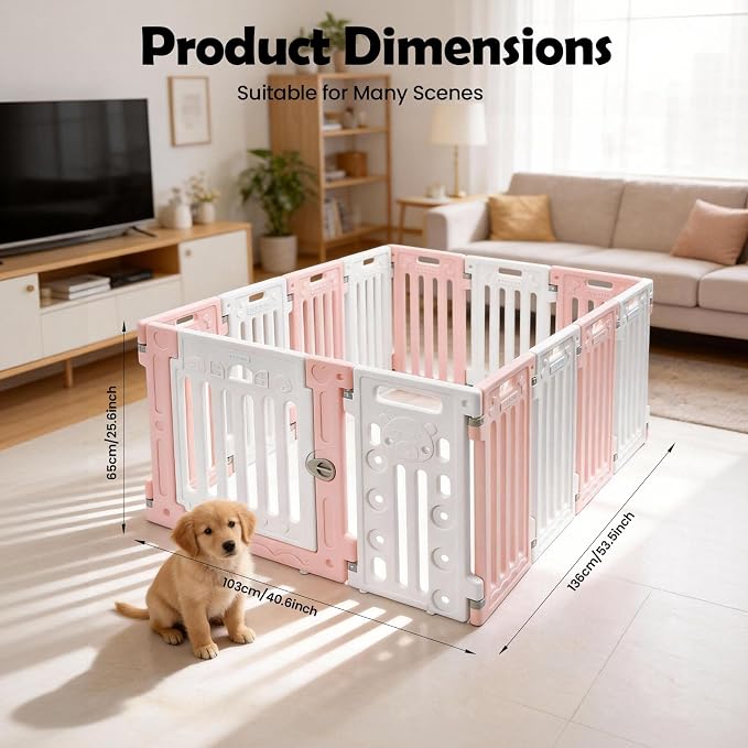 Dog Playpen, Large Pet Playpen with Cute Patterns & 1 Door & 11 Freely Combinable Panels Dog Fence Large Crate for Pets Pet Safety Fence Pet Essentials for Small/Medium Dogs (Pink & White)
