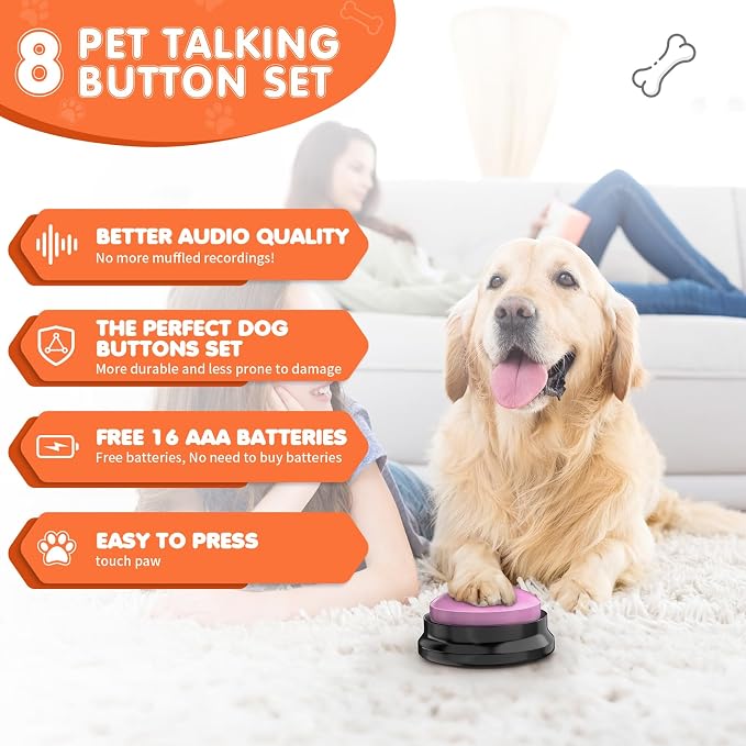 Dog Buttons for Communication, 8 Recordable Buttons, with Mat & Batteries