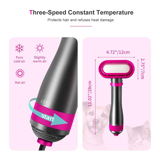Dog Hair Dryer,2-in-1 Pet Hair Dryer & Brush,300W Pet Grooming Dryer, 360-Degree Circulation Out of The Wind,3-Speed Temperature Adjustment for Small/Medium-Sized Cats and Dogs