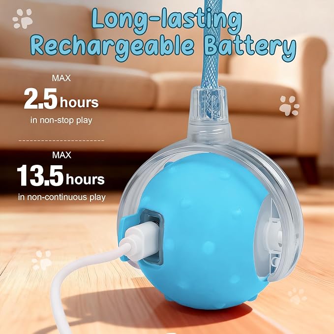 Interactive Automatic Cat Toy Ball-USB Rechargeable，Motion Activated Toy | Interactive Mode, 2 Speeds Mode, 2 Tails, Long Battery Life, Chirping, for Indoor Cats, Kitten, Works on Floor Tile Carpets