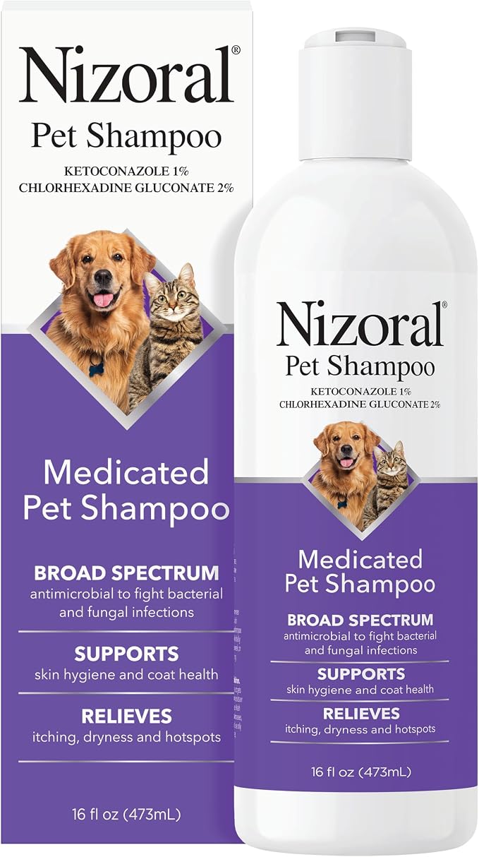 Nizoral Ketoconazole Pet Shampoo, 16 Oz, Chlorhexidine, Dogs & Cats | 1% Ketoconazole and 2% Chlorhexidine Gluconate treatment, antifungal, antimicrobial support for skin health and odor control